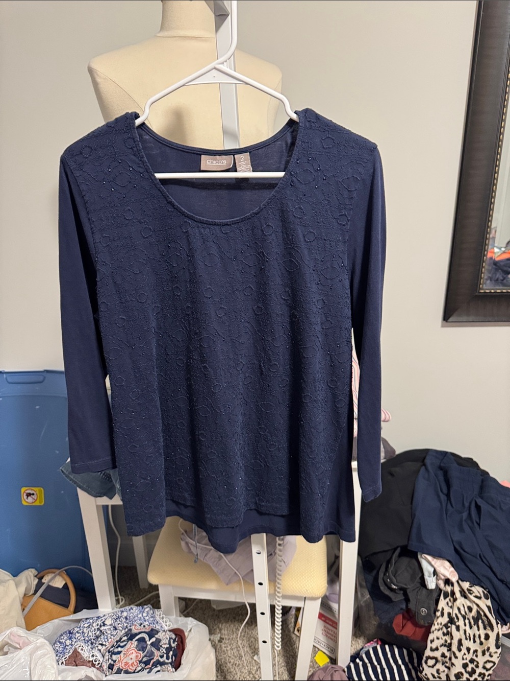 Chico's Navy Long-Sleeve Scoop Neck Embroidered Top